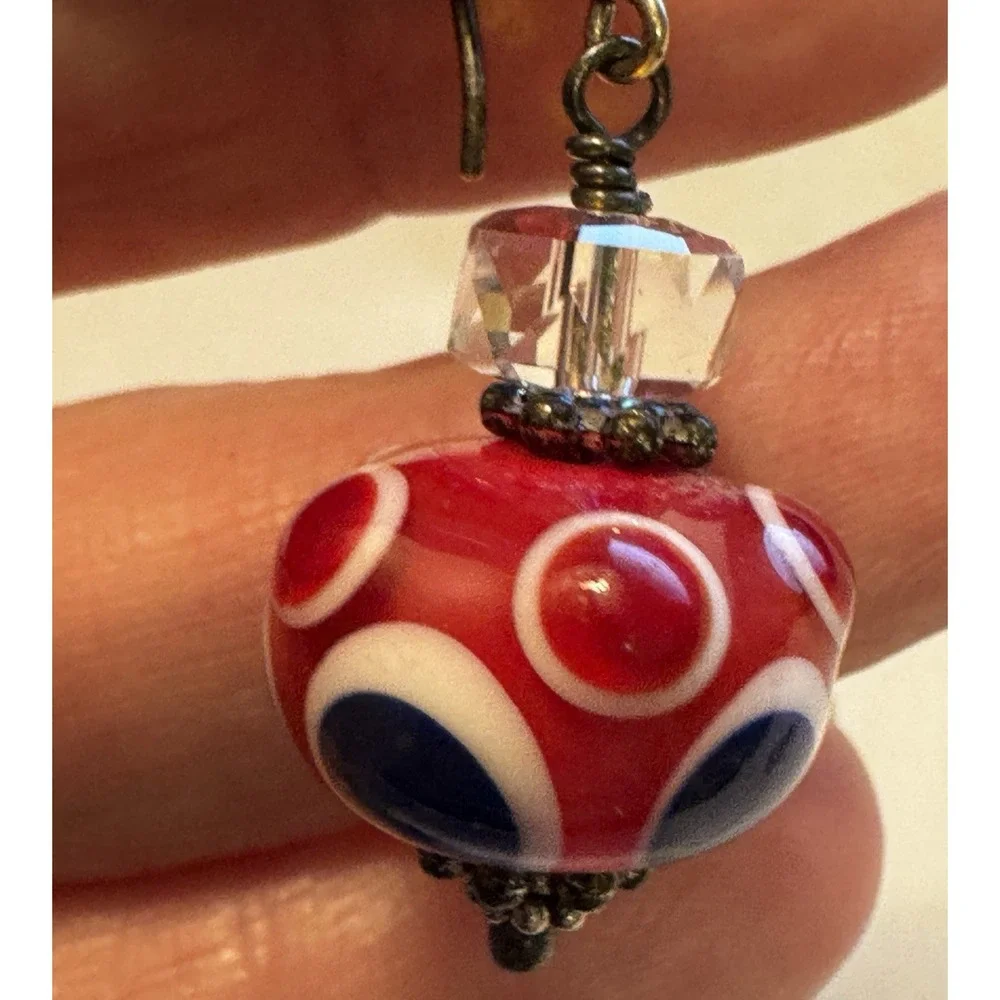Lampwork Earrings Handmade Red White Blue Glass Bead Dangle Hooks Circle Dots